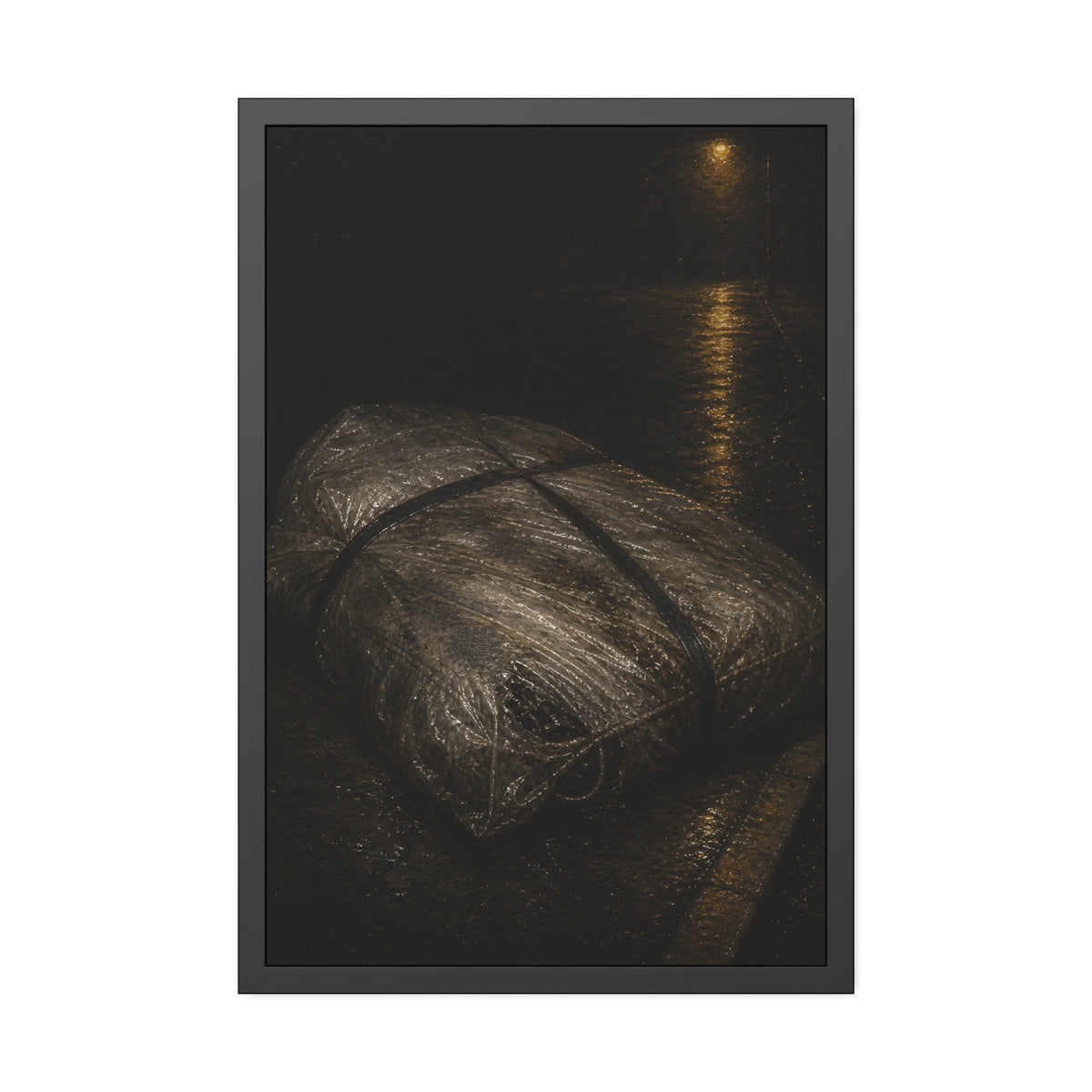 A mattress wrapped in plastic and strapped shut on a wet night street. The Municipal Shroud by Garabaggio, framed fine art print, 24″ x 36″.