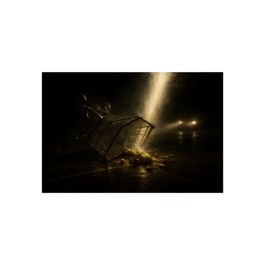 A tipped shopping cart spilling groceries in a shaft of light. The Conversion of the Shopping Cart by Garabaggio, fine art print hanging in a room.