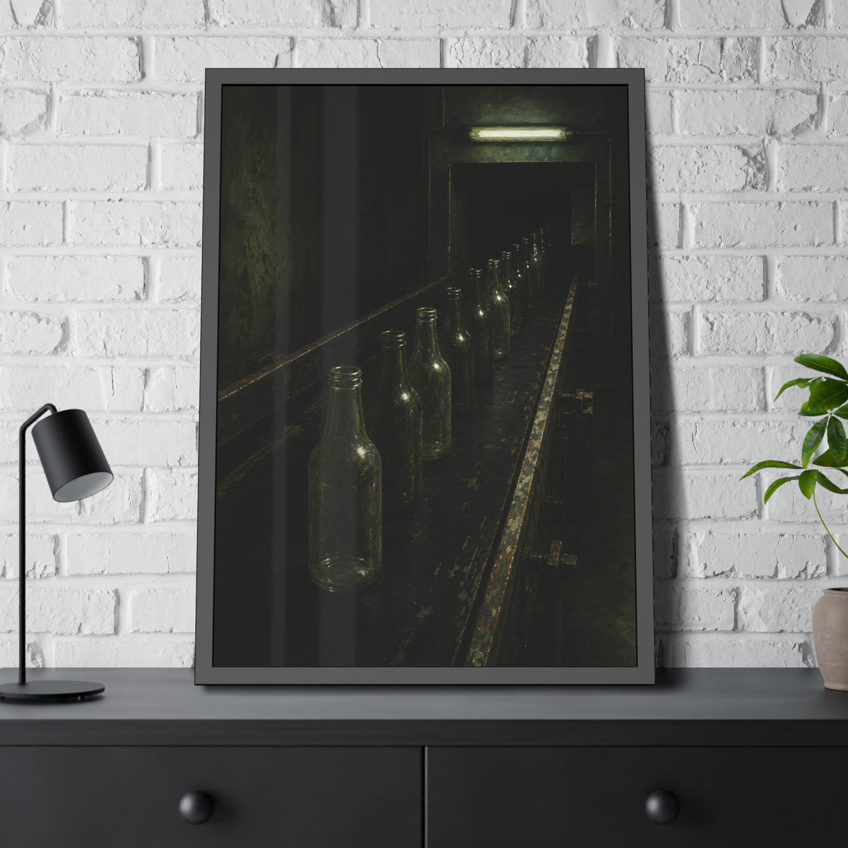 Empty glass bottles in a line on a conveyor under one fluorescent tube. The Procession of Bottles by Garabaggio, framed fine art print hanging in a room.