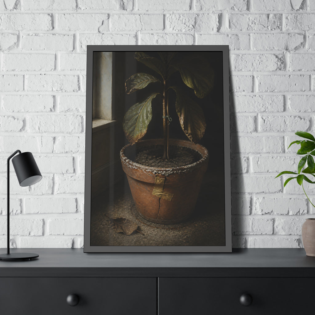 A drooping potted plant in a cracked terracotta pot beside a window. The Missed Watering by Garabaggio, framed fine art print hanging in a room.