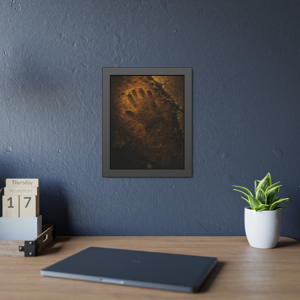 A glove shaped imprint left in cracked asphalt under warm light. The Assumption, or: What Remains by Garabaggio, framed fine art print hanging in a room.