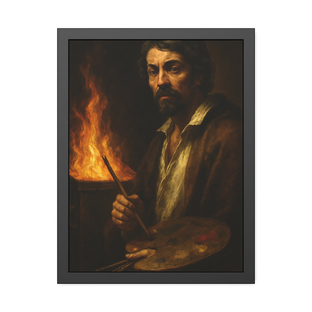 Man holding a palette and brushes, a fire behind him. Self-Portrait with Palette (After Caravaggio) by Garabaggio, framed fine art print hanging in a room.