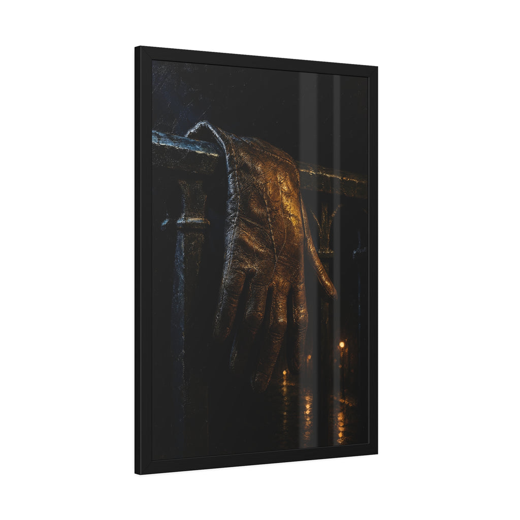 A leather glove draped over an iron railing, fingers hanging. The Repose of the Leather Glove, No. 1 by Garabaggio, framed fine art print hanging in a room.