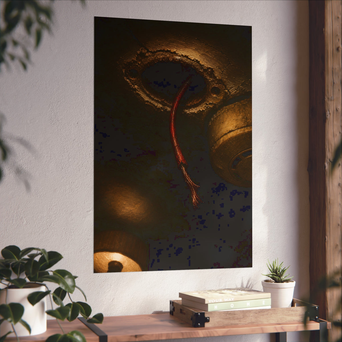 A frayed red wire hanging from a hole in a cracked ceiling. The Loose Red Wire by Garabaggio, fine art print hanging in a room.