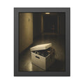 An open box of desk items on the floor of a dim office hallway. The Box of Personal Effects by Garabaggio, framed fine art print, 11″ x 14″.