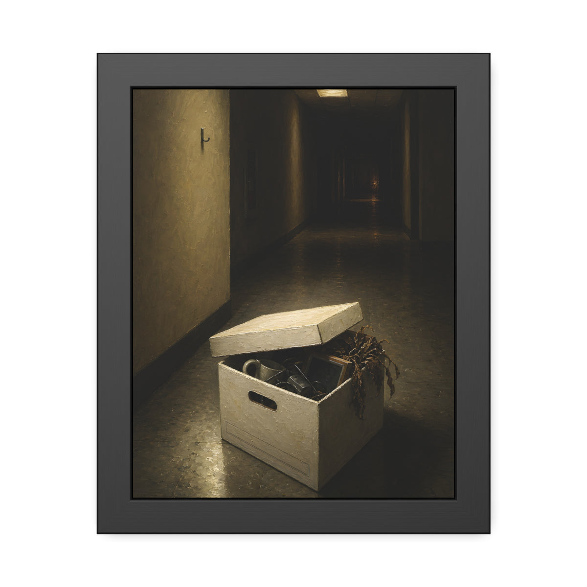 An open box of desk items on the floor of a dim office hallway. The Box of Personal Effects by Garabaggio, framed fine art print, 11″ x 14″.