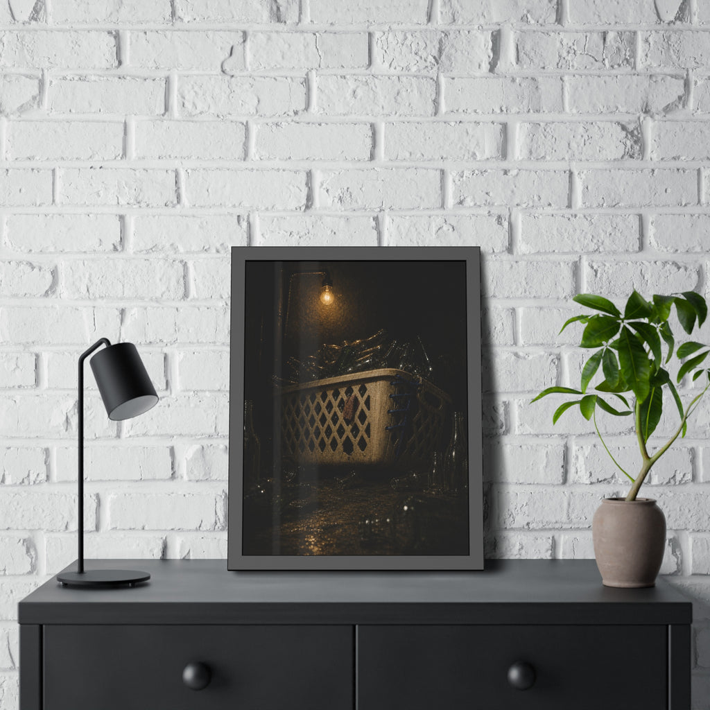 A laundry basket filled with glass bottles under a bare hanging bulb. The Second Life for Bottles by Garabaggio, framed fine art print hanging in a room.