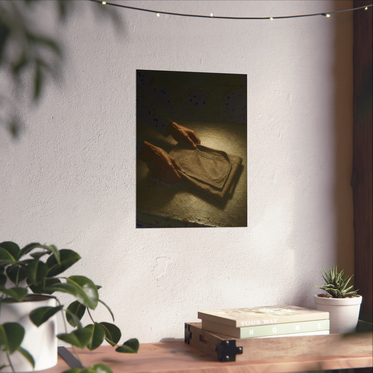 Two hands folding a shirt on a laundromat table with washers behind. The Folding at Two A.M by Garabaggio, fine art print hanging in a room.