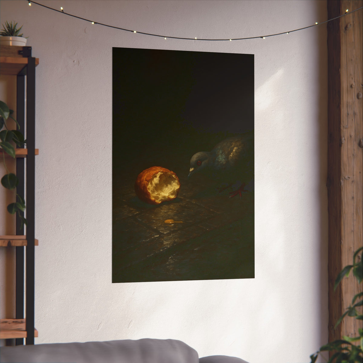 A pigeon leaning toward a torn bread roll on wet paving stones. The Offering of the Discarded Bun by Garabaggio, fine art print hanging in a room.