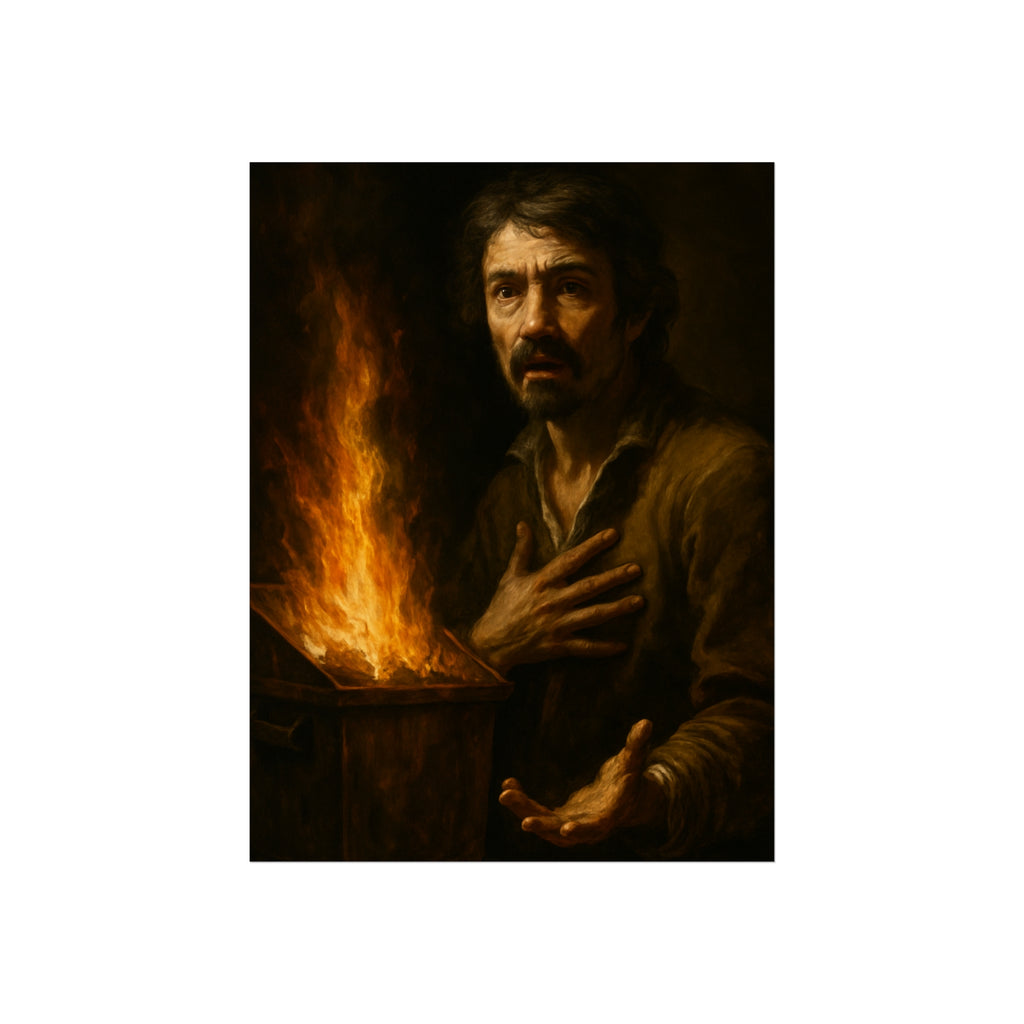 Man reaching an open palm toward a dumpster fire at his left. Self-Portrait as the Doubting Thomas by Garabaggio, fine art print, 12″ x 16″.