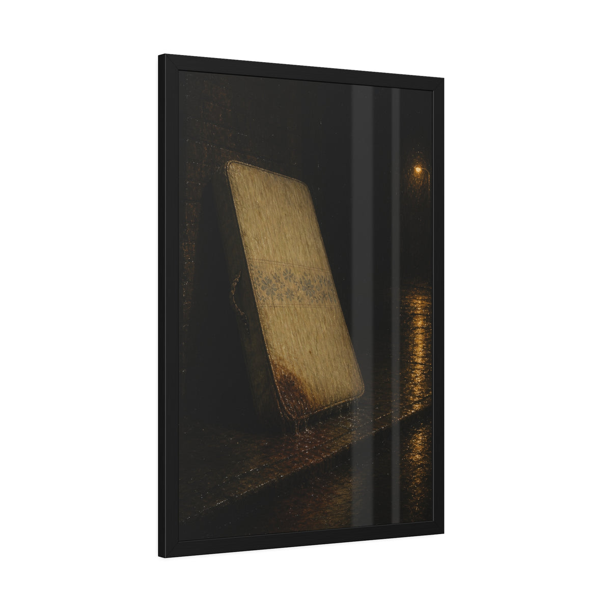 A stained mattress leaning against a wall in rain under a streetlamp. The First Rain by Garabaggio, framed fine art print hanging in a room.