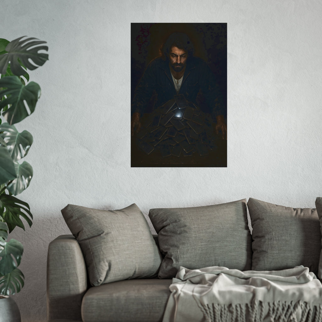A bearded man leaning over a pile of dark phones, one screen lit. The Last Notification by Garabaggio, fine art print hanging in a room.
