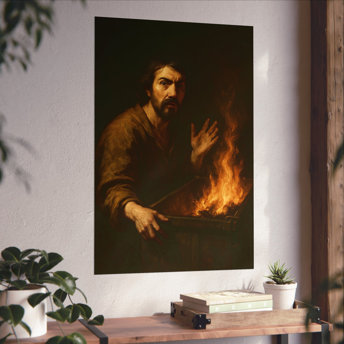 Man gripping the edge of a burning dumpster with one hand raised. Self-Portrait at 3:40 AM by Garabaggio, fine art print hanging in a room.