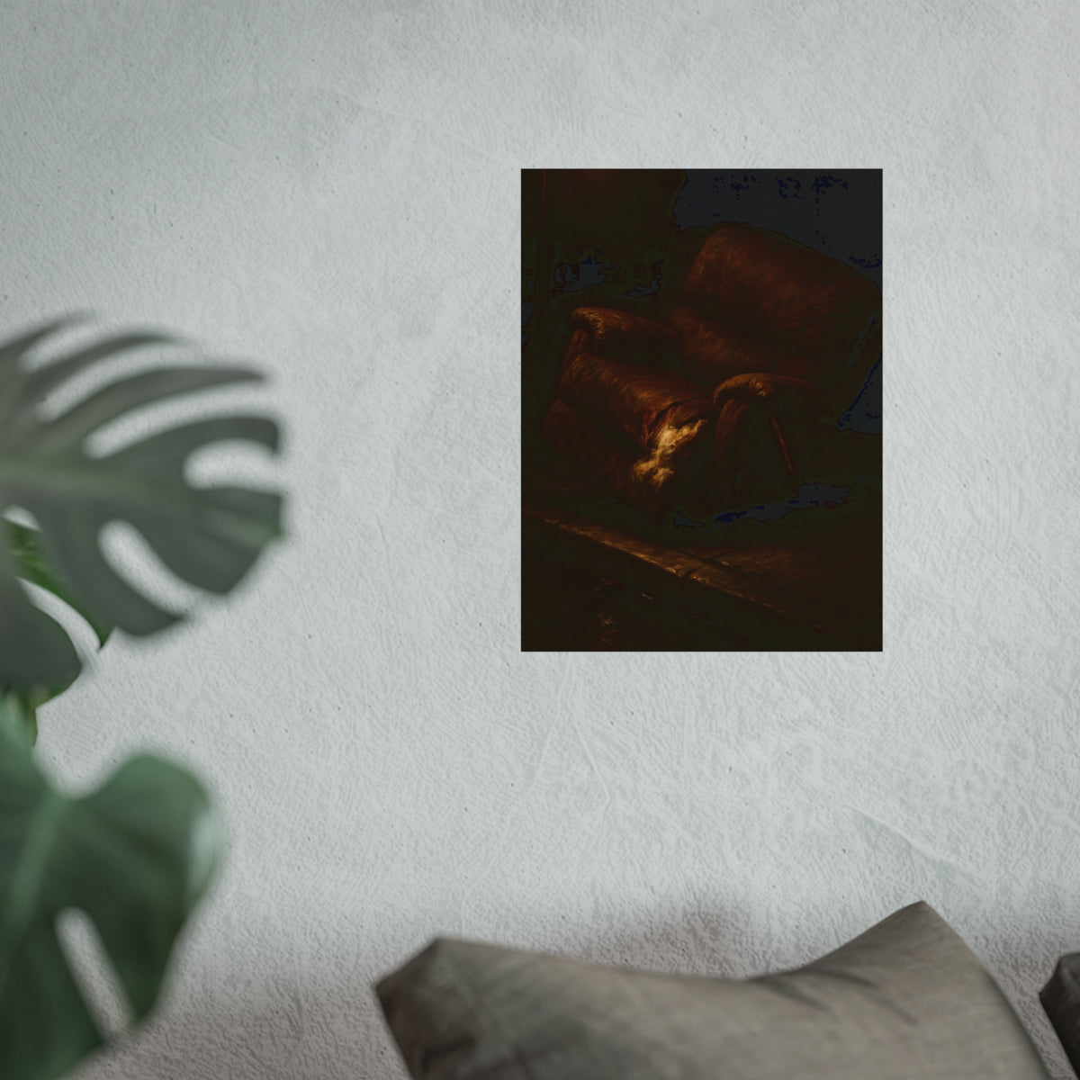 A torn brown recliner tipped on a curb in dim warm light. The Deposition of the Broken Recliner by Garabaggio, fine art print hanging in a room.