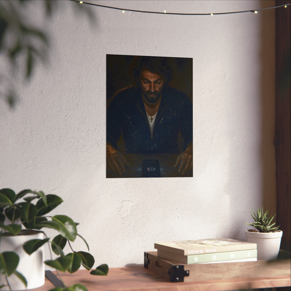 A man in a work jacket looks down at a phone showing a red low battery icon. The Calling at One Percent by Garabaggio, fine art print hanging in a room.