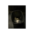 A metal nameplate lying in a black office waste bin on grey carpet. The Nameplate in the Waste Bin by Garabaggio, fine art print, 12″ x 16″.