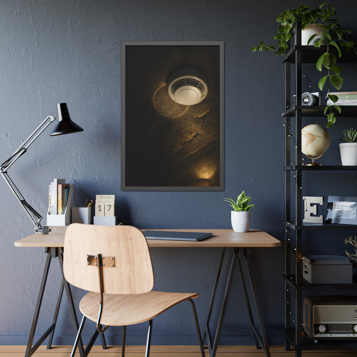 A new smoke detector on a stained ceiling next to an old mounting ring. The New Detector by Garabaggio, framed fine art print hanging in a room.