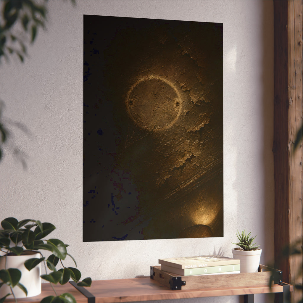 A pale ring and two screw holes on a peeling ceiling where a detector was. The Circle on the Ceiling by Garabaggio, fine art print hanging in a room.
