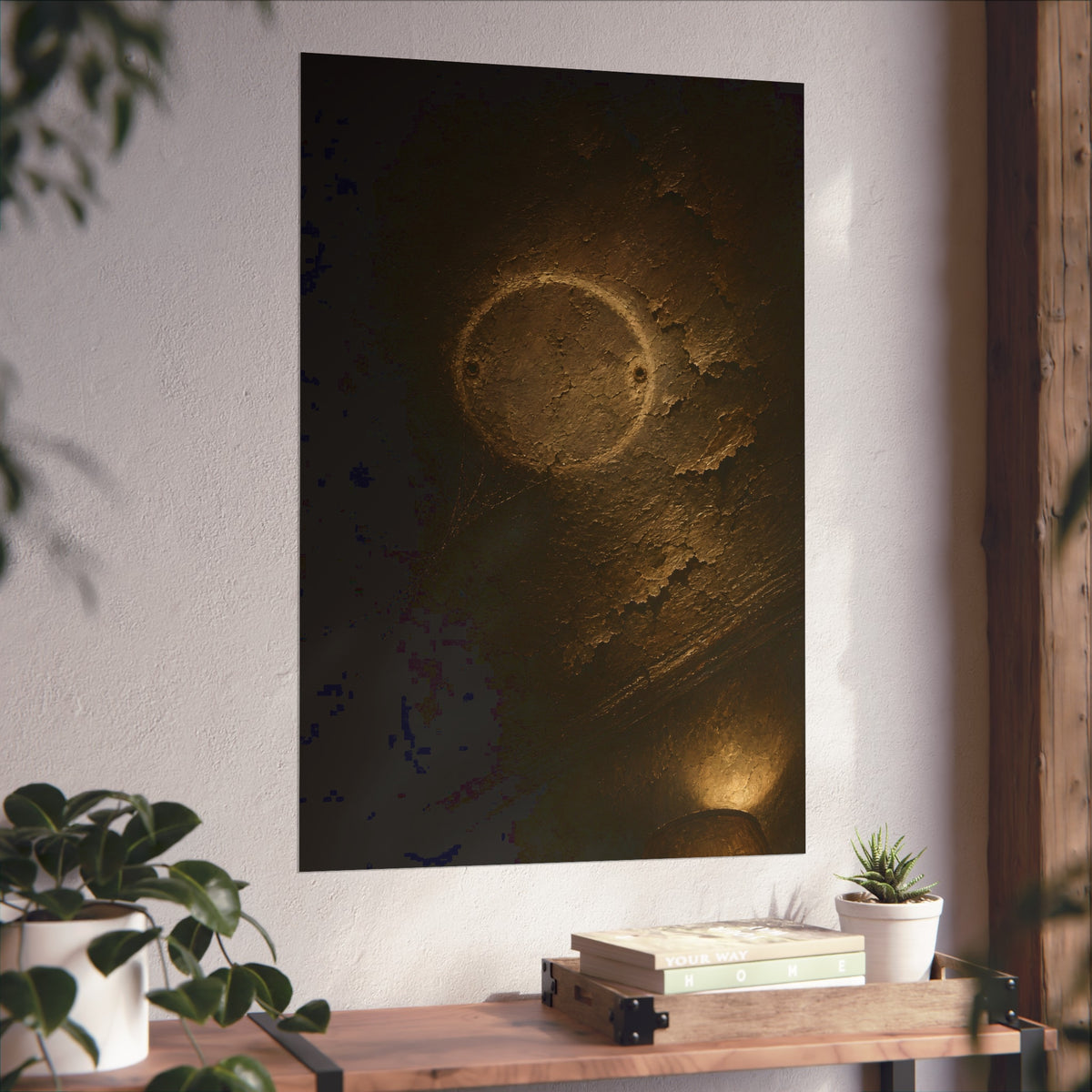 A pale ring and two screw holes on a peeling ceiling where a detector was. The Circle on the Ceiling by Garabaggio, fine art print hanging in a room.