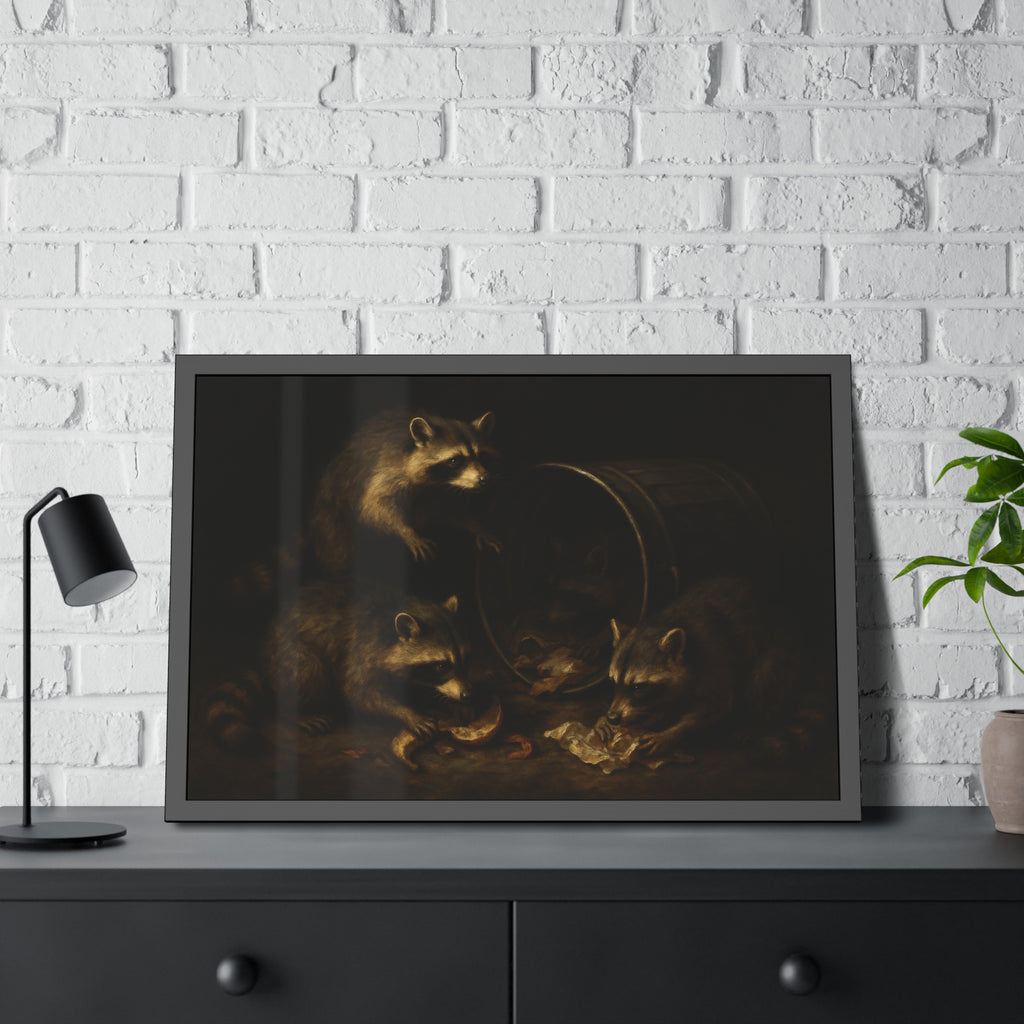 Raccoons at a tipped metal pail, one gnawing a melon rind in the dark. The Supper at the Alleyway by Garabaggio, framed fine art print hanging in a room.
