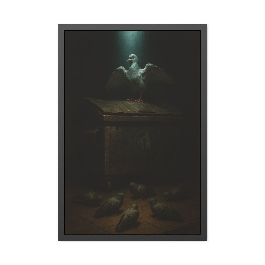 A pigeon with wings spread on a rusted dumpster lid. The Beatification of the Common Pigeon by Garabaggio, framed fine art print hanging in a room.