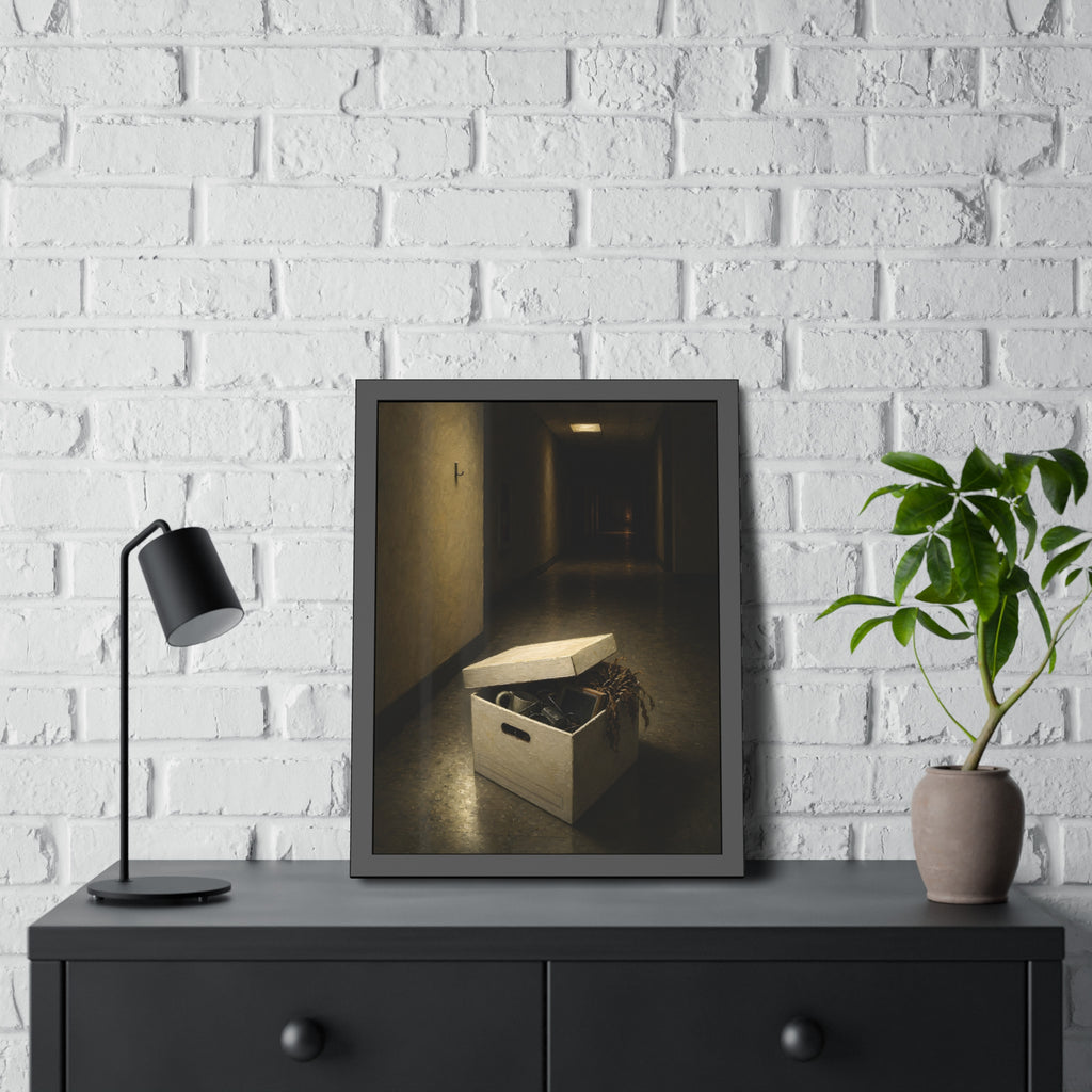 An open box of desk items on the floor of a dim office hallway. The Box of Personal Effects by Garabaggio, framed fine art print hanging in a room.
