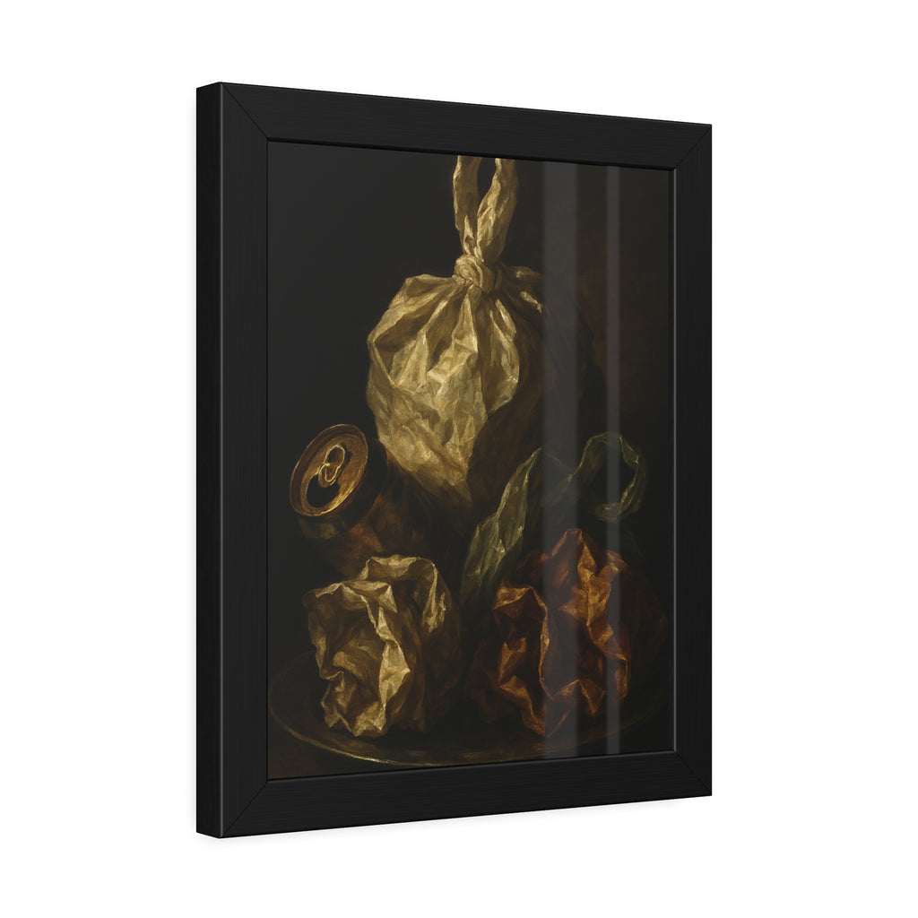 Knotted plastic bag on a plate with crumpled wrappers and a crushed can. Communion of the Knotted Bag by Garabaggio, framed fine art print hanging in a room.