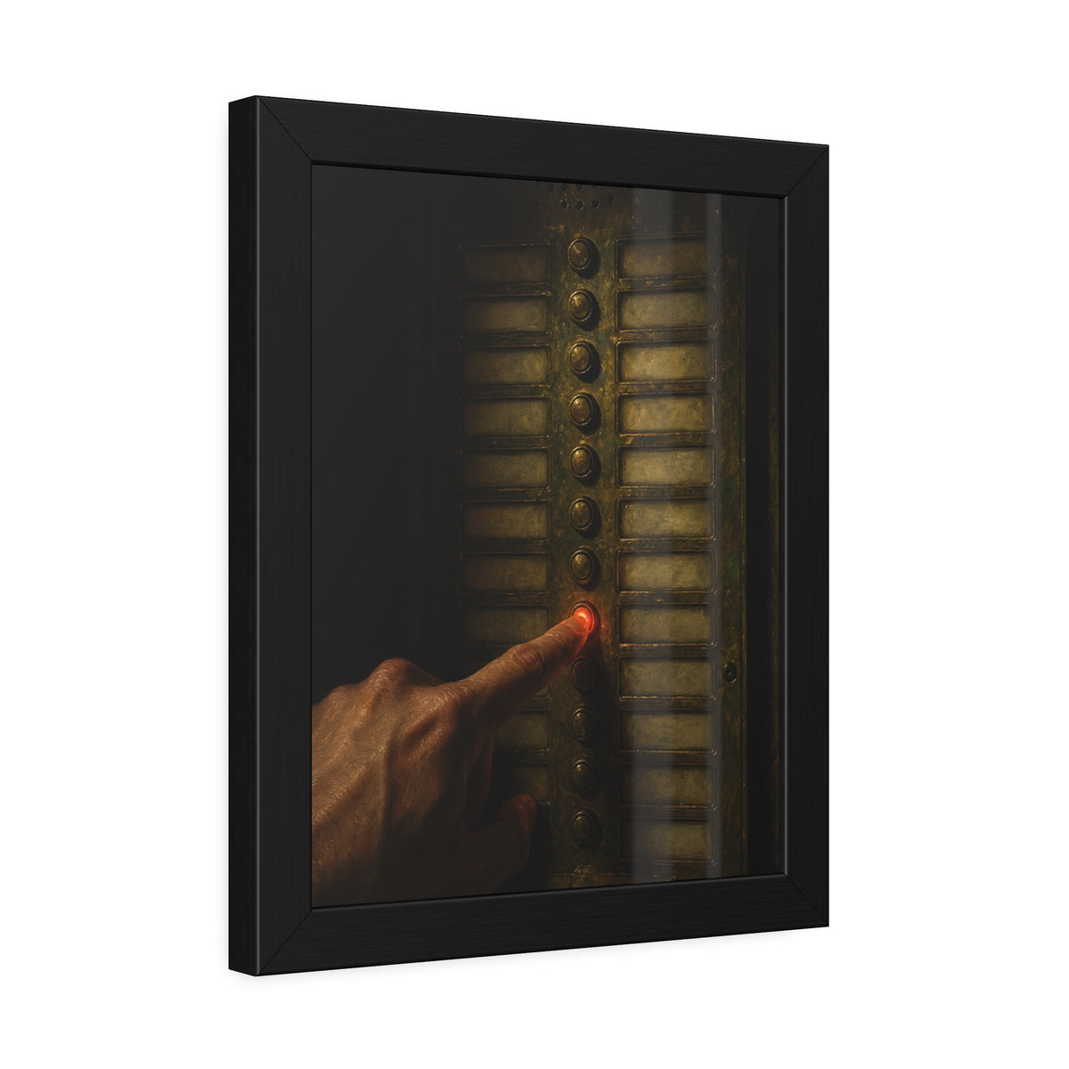 A hand pressing one glowing red button on a worn intercom panel. The Finger at Midnight by Garabaggio, framed fine art print hanging in a room.