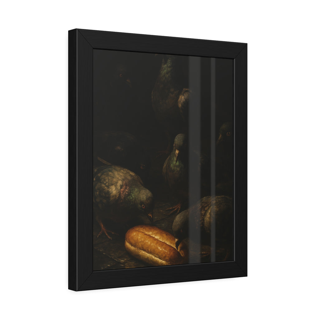 Pigeons crowding around a bread roll on dark stone paving. The Congregation at the Bun by Garabaggio, framed fine art print hanging in a room.