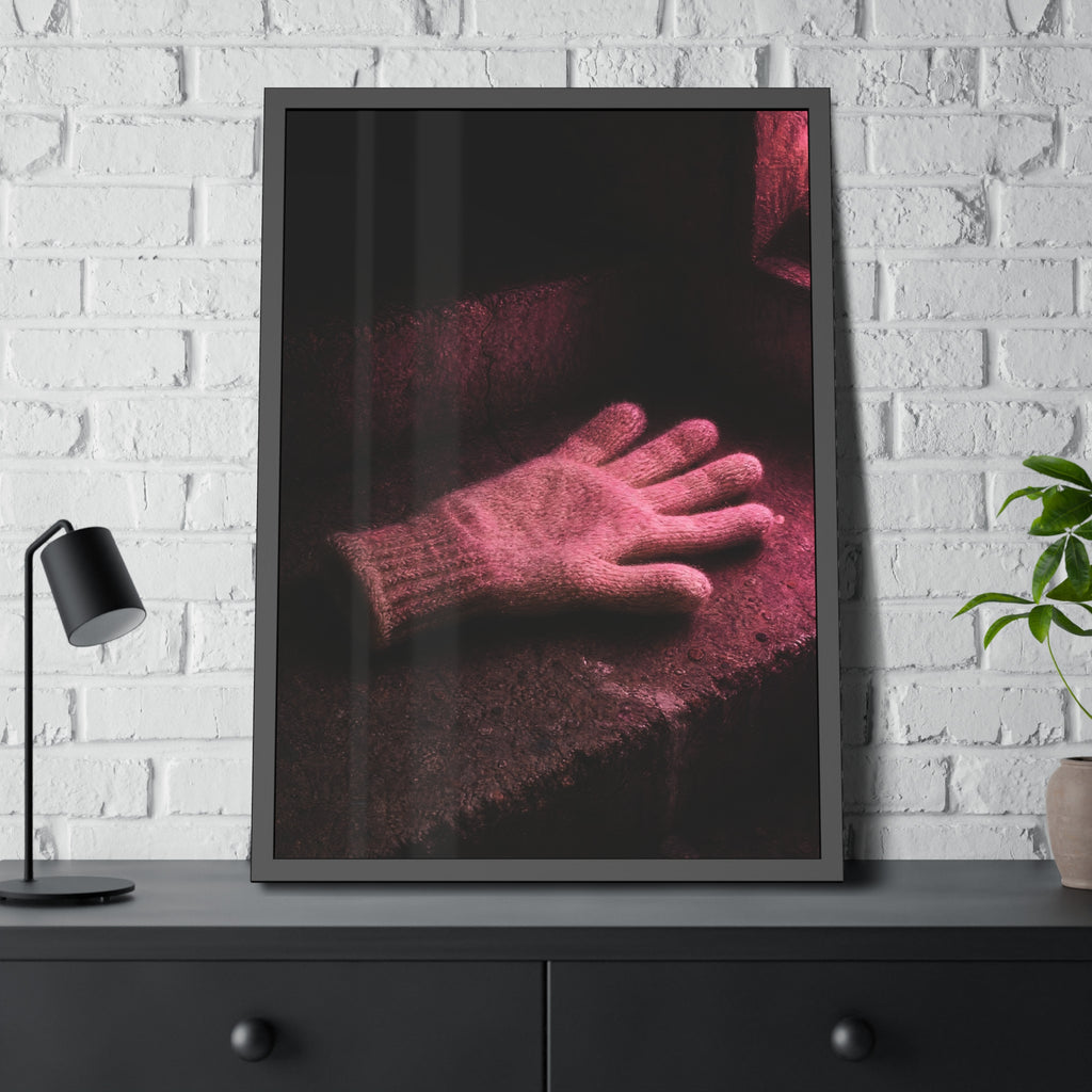 A knitted glove lying flat on a concrete step under pink light. The Vigil in Pink Light by Garabaggio, framed fine art print hanging in a room.