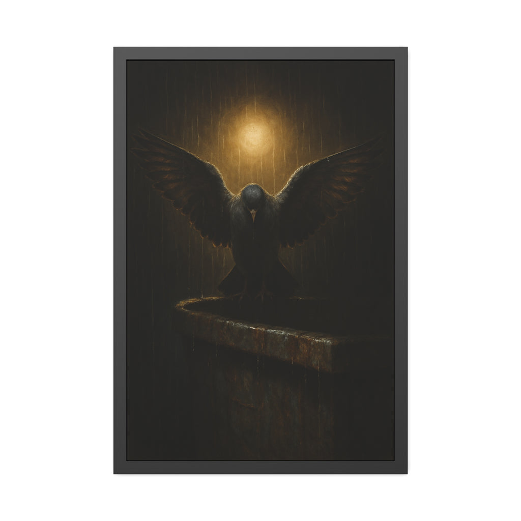 A pigeon with wings spread on a dumpster rim under a lamp in the rain. The Passion (Study in Rain) by Garabaggio, framed fine art print hanging in a room.