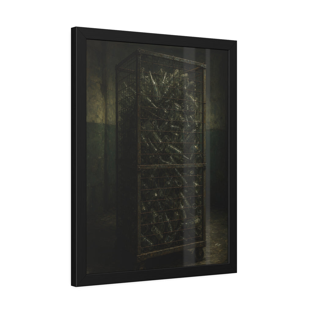 A tall wire cage cart packed with clear bottles in a dim concrete room. The Cage of Clear Glass by Garabaggio, framed fine art print hanging in a room.