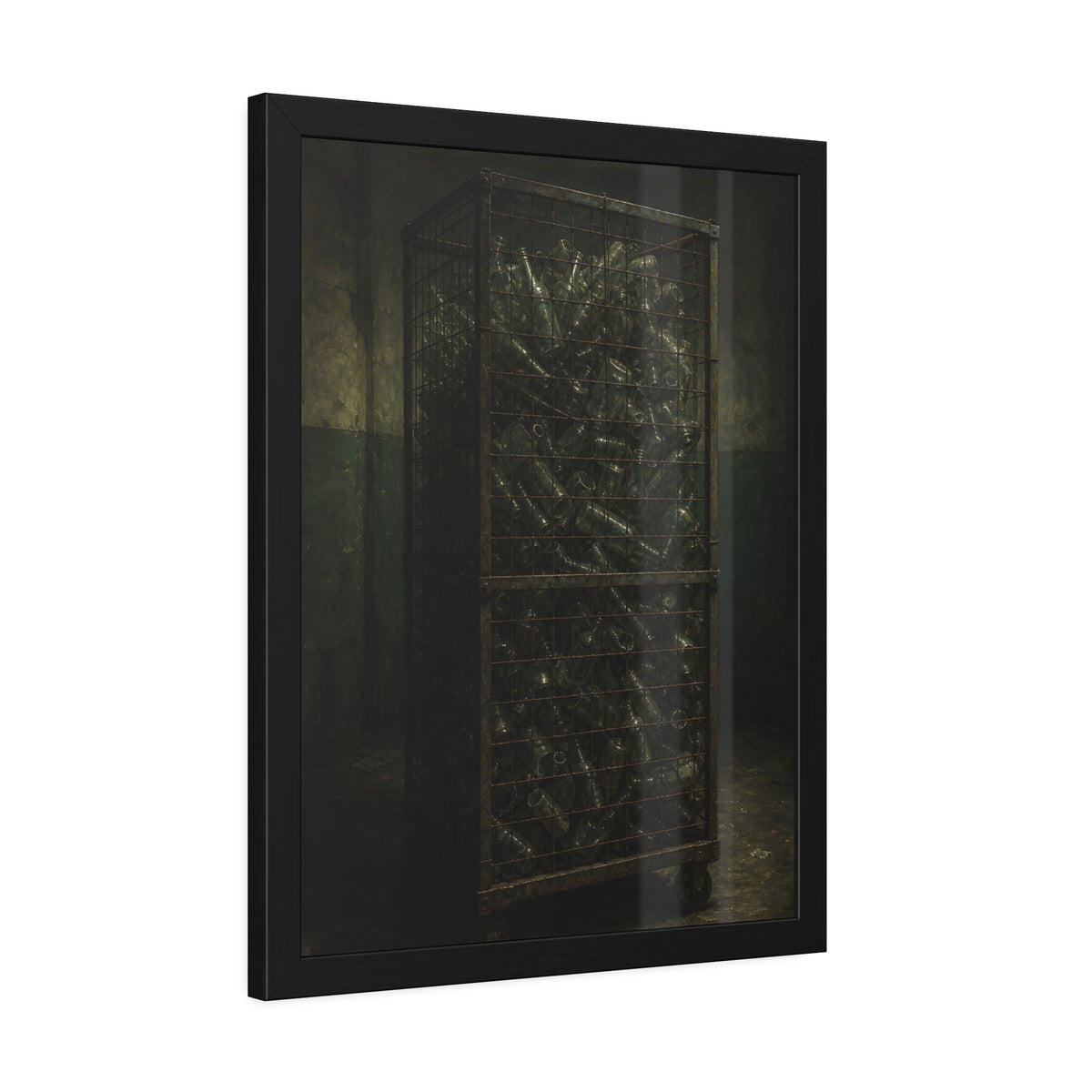 A tall wire cage cart packed with clear bottles in a dim concrete room. The Cage of Clear Glass by Garabaggio, framed fine art print hanging in a room.