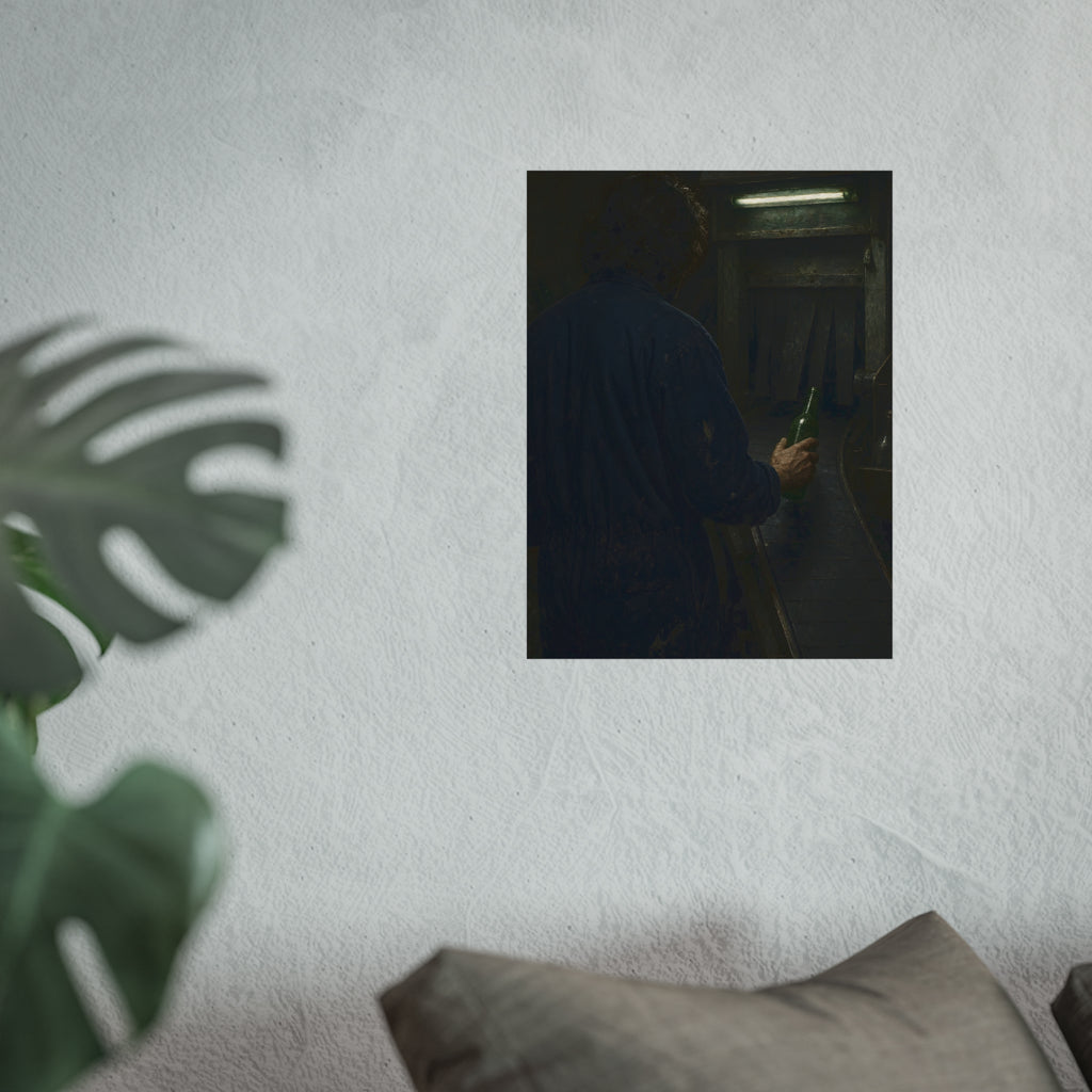 A man in coveralls sets a green bottle on a conveyor under a strip light. Garabaggio at the Conveyor by Garabaggio, fine art print hanging in a room.