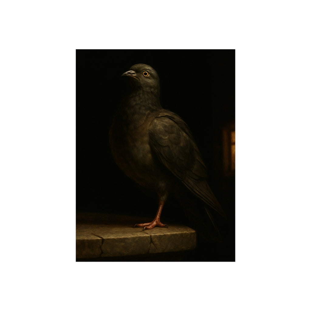 A pigeon standing on a cracked stone ledge in near darkness. The Martyrdom of the One-Legged Saint by Garabaggio, fine art print, 12″ x 16″.
