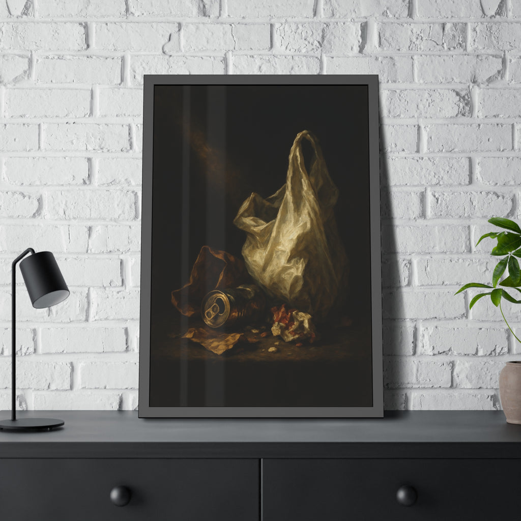 A white plastic bag standing upright in a shaft of light. The Annunciation of the Plastic Bag by Garabaggio, framed fine art print hanging in a room.