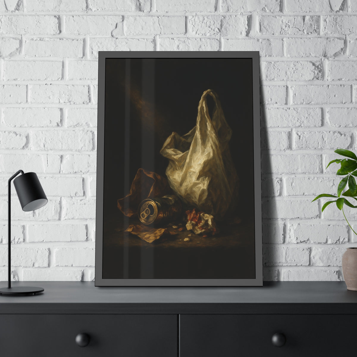 A white plastic bag standing upright in a shaft of light. The Annunciation of the Plastic Bag by Garabaggio, framed fine art print hanging in a room.