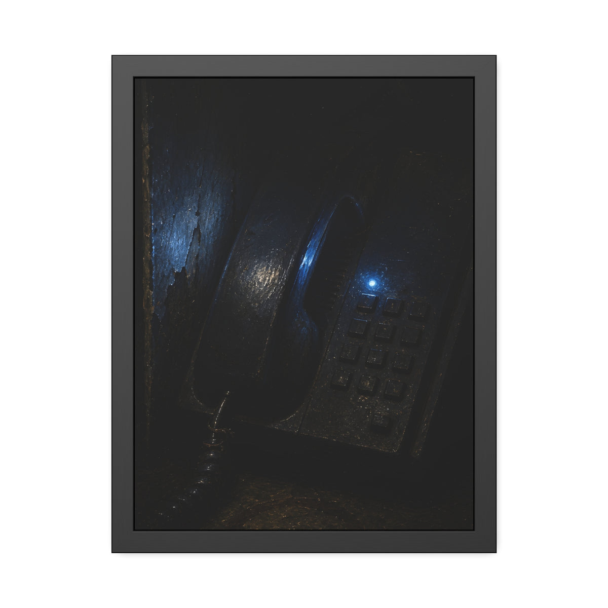 A grimy wall telephone in darkness with one small blue indicator light. The Night Queue by Garabaggio, framed fine art print, 18″ x 24″.