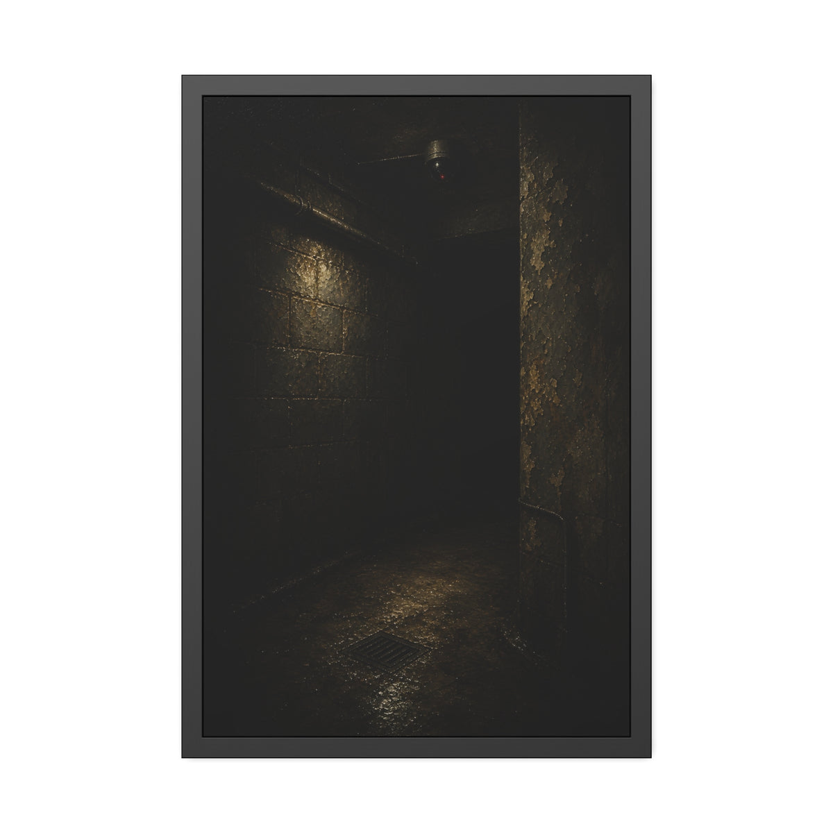 A dark block wall corner with a floor drain and a small red camera light. The Blind Corner by Garabaggio, framed fine art print, 24″ x 36″.