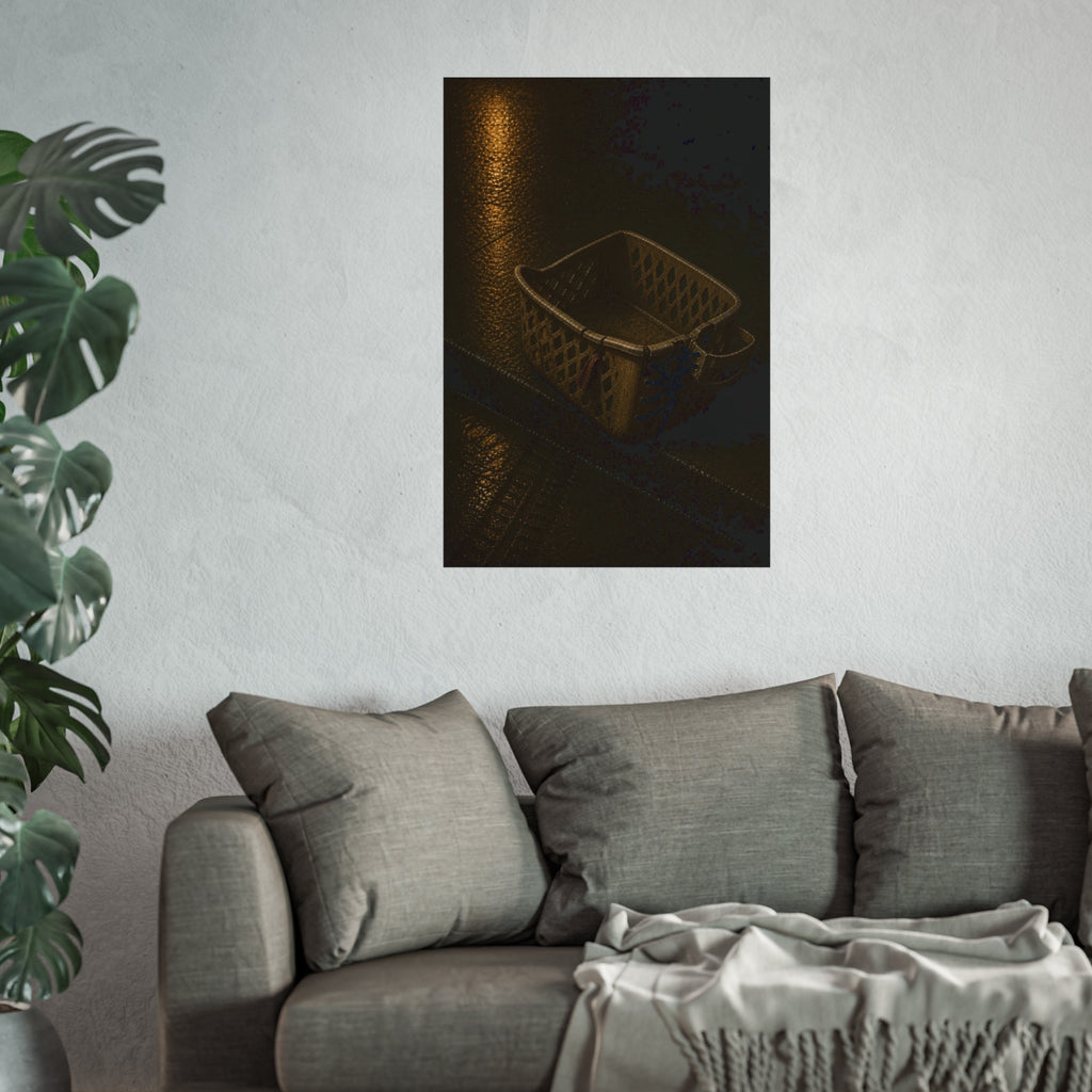 A cracked plastic laundry basket with a warped rim on wet asphalt. The Crushing of the Rim by Garabaggio, fine art print hanging in a room.