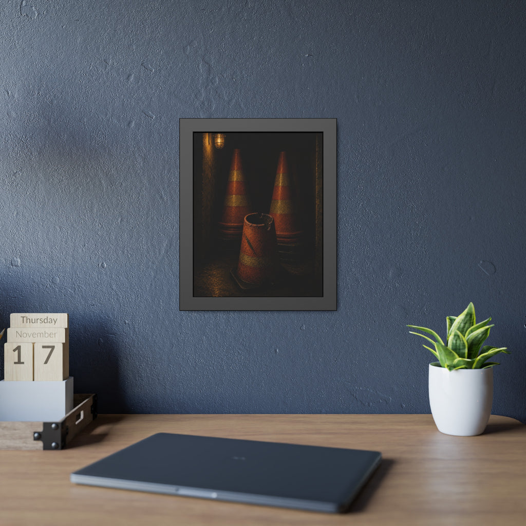 Stacked traffic cones behind a crushed one under a caged wall lamp. The Multiplication of Cones by Garabaggio, framed fine art print hanging in a room.