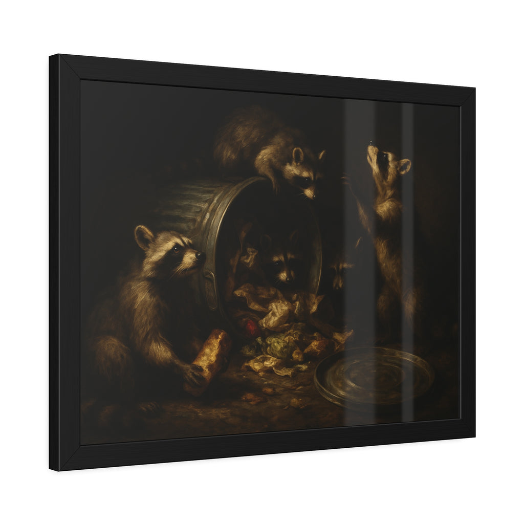 Raccoons around a tipped metal trash can, scattering food scraps. The Vigil of the Midnight Feast by Garabaggio, framed fine art print hanging in a room.