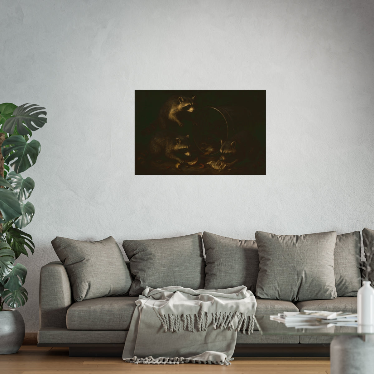Raccoons at a tipped metal pail, one gnawing a melon rind in the dark. The Supper at the Alleyway by Garabaggio, fine art print hanging in a room.