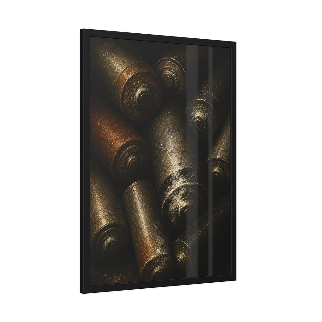 Heap of corroded batteries filling the frame in dim raking light. Chorus of Corrosion by Garabaggio, framed fine art print hanging in a room.