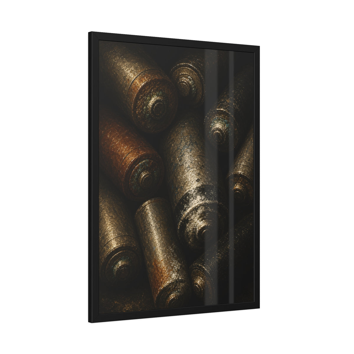 Heap of corroded batteries filling the frame in dim raking light. Chorus of Corrosion by Garabaggio, framed fine art print hanging in a room.