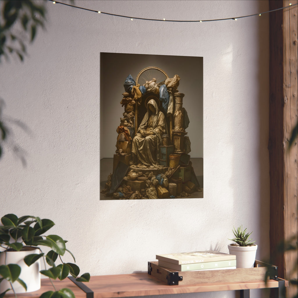 A veiled seated figure built from bags and refuse under a wheel halo. The Virgin Enthroned Among Ruins by Garabaggio, fine art print hanging in a room.