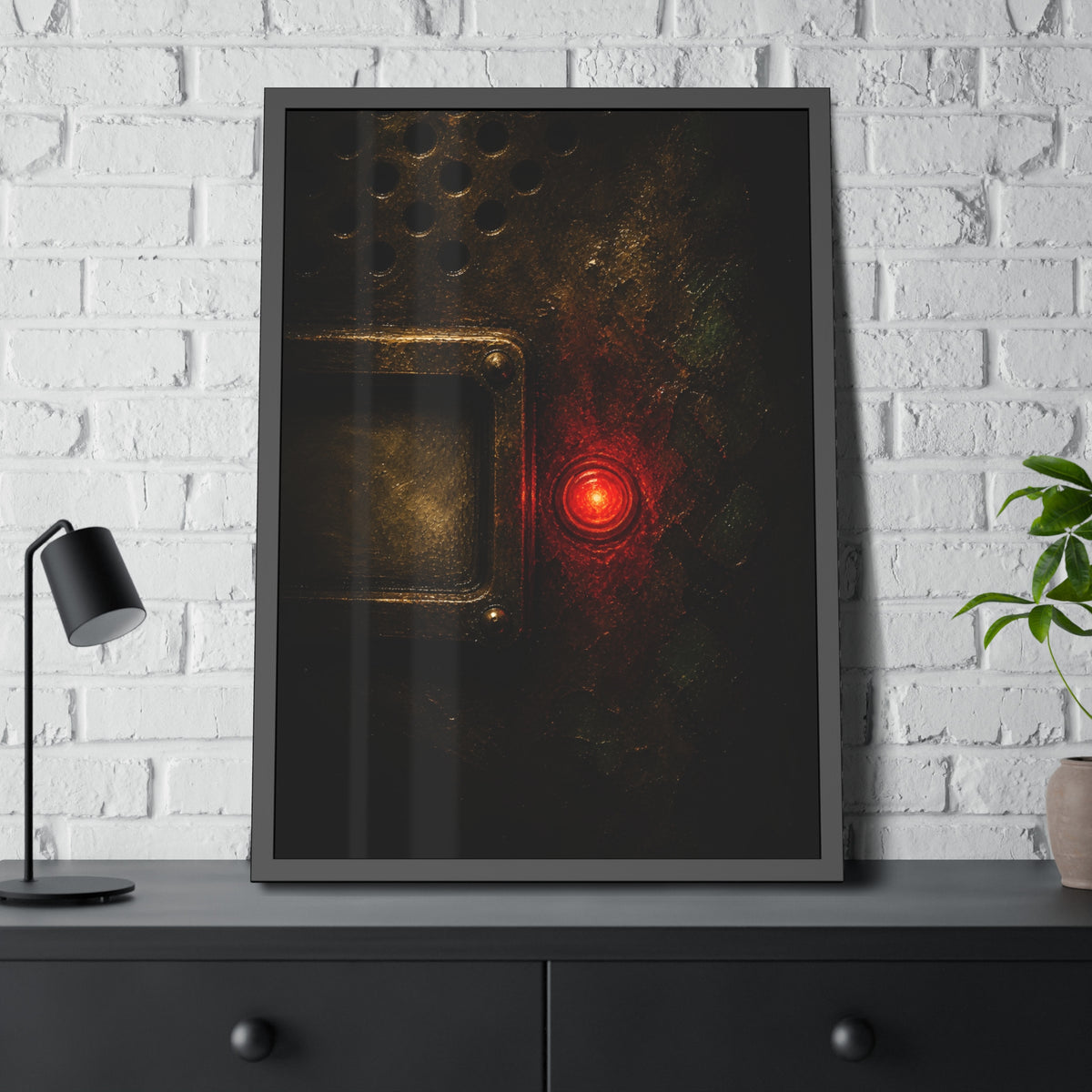 Close view of an intercom panel with one red button glowing in the dark. The Stuck Red Light by Garabaggio, framed fine art print hanging in a room.