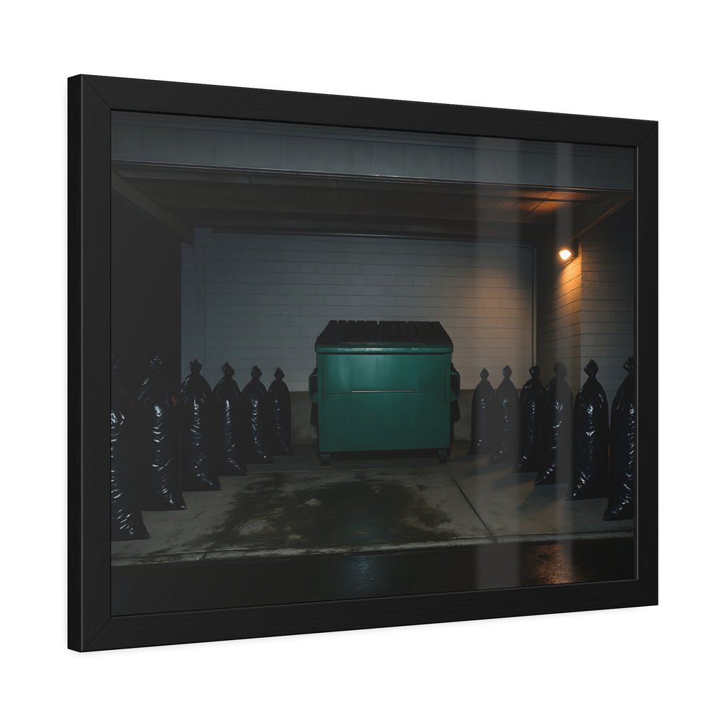 A green dumpster flanked by rows of black garbage bags under a lamp. Night Watch of the Loading Dock by Garabaggio, framed fine art print hanging in a room.