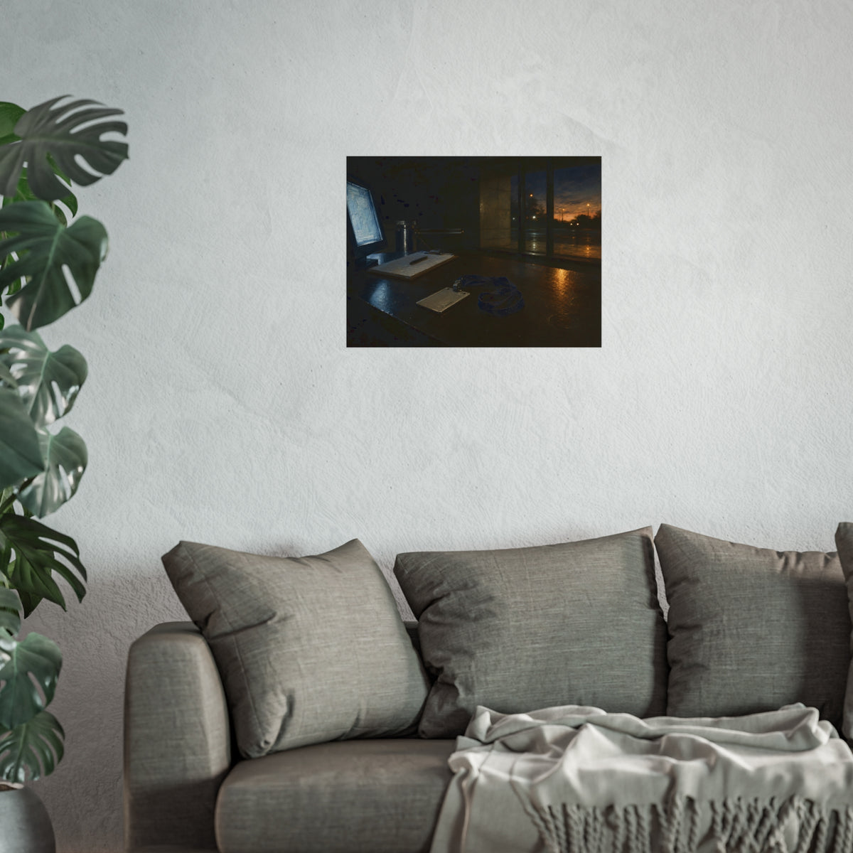 An ID badge and lanyard left on a security desk beside a lit monitor. The Badge on the Security Desk by Garabaggio, fine art print hanging in a room.
