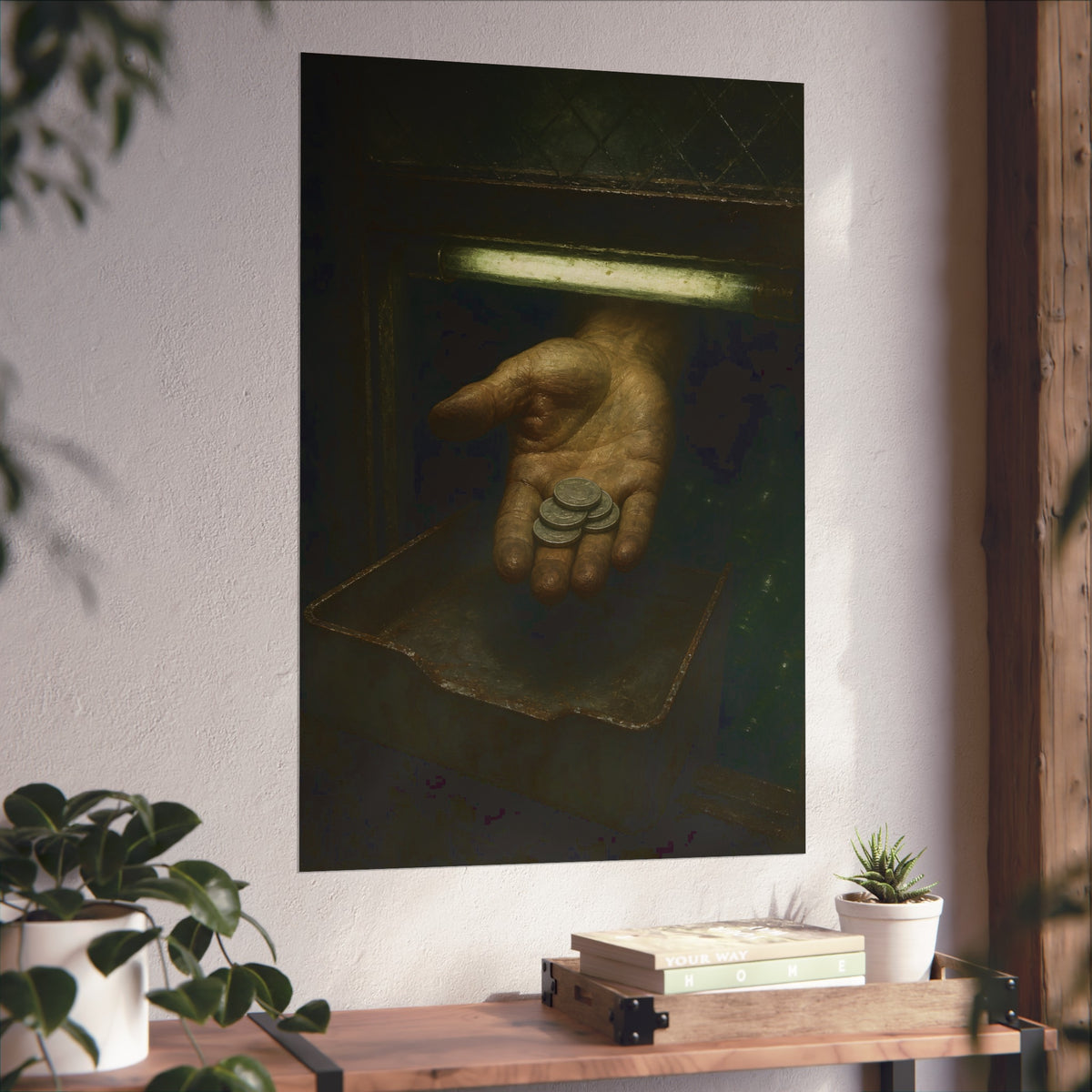 An open palm holding coins over a metal tray under a fluorescent tube. The Nickel Rendered by Garabaggio, fine art print hanging in a room.